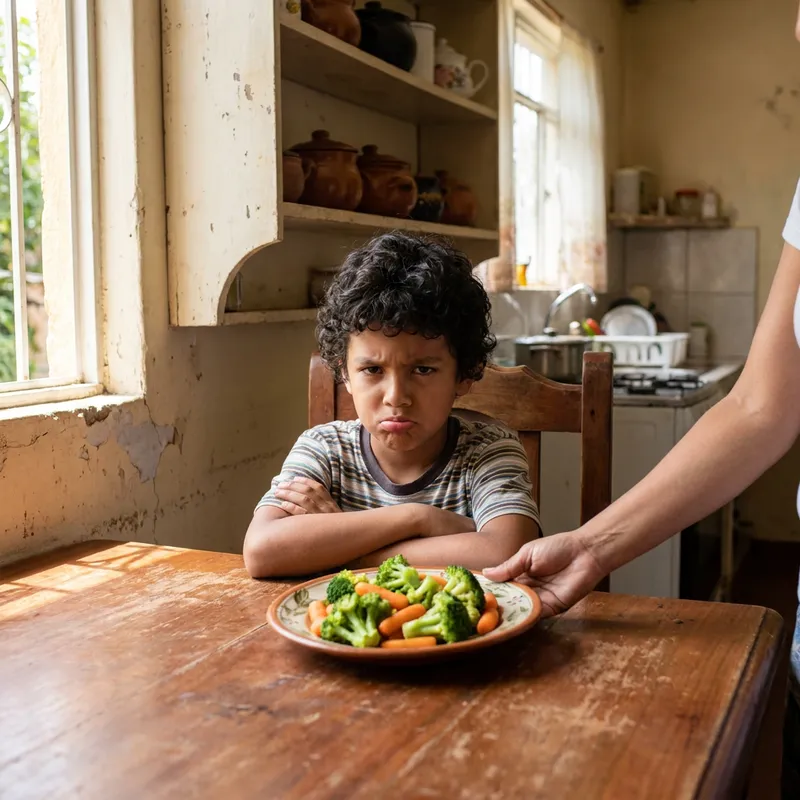 Un niño colombiano sentado frente a un plato de comida con los brazos cruzados y cara de desagrado