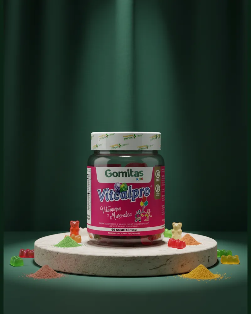 Gomitas de vitaminas para niños sobre una piedra en un estudio verde, con sus ingredientes