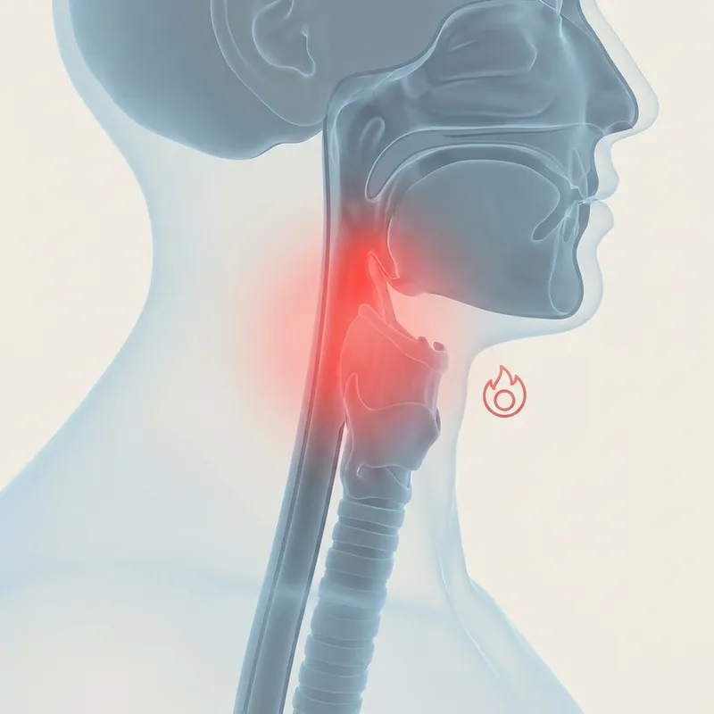 Ilustración médica 3D de una garganta humana con una zona roja inflamada.
