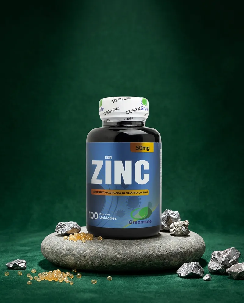 Gomitas de zinc sobre una piedra en un estudio verde, con sus ingredientes