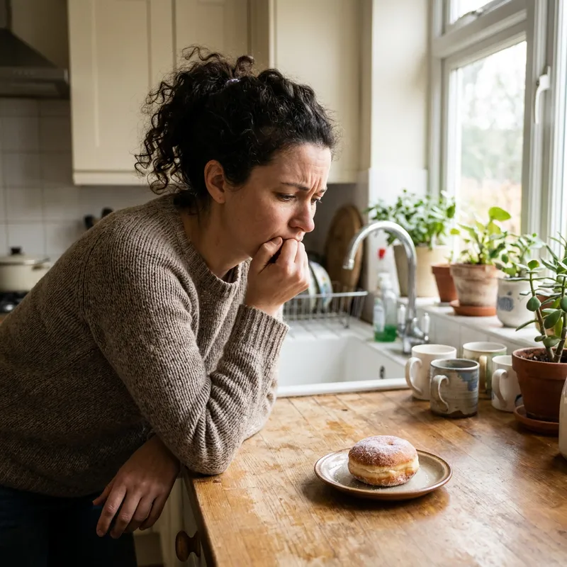 Una mujer colombiana mirando con antojo y frustración un postre en la cocina.
