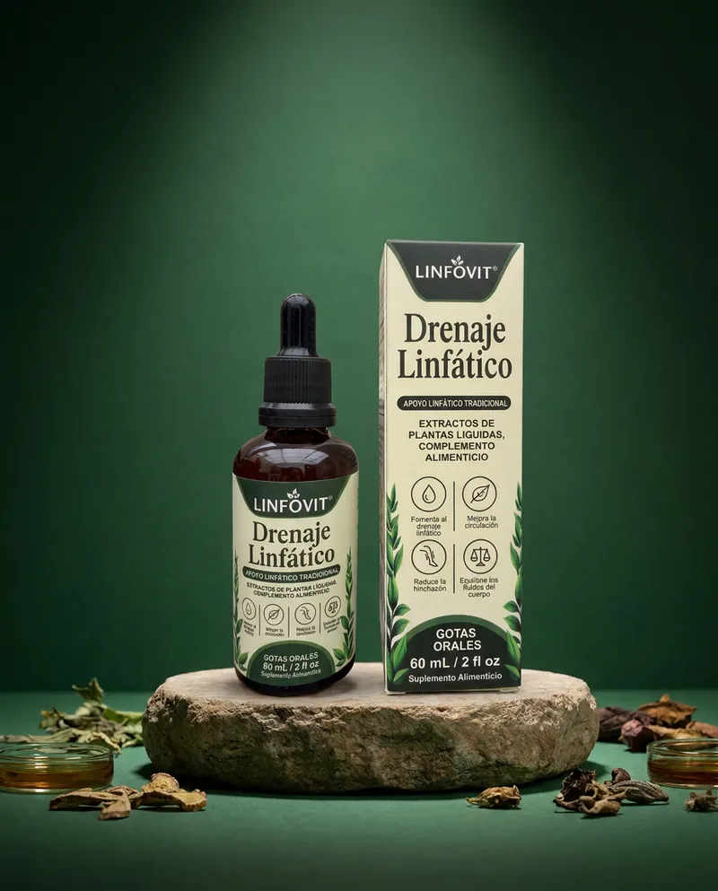 Gotas de drenaje linfático sobre una piedra en un estudio verde, con sus ingredientes