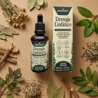 Gotas de drenaje linfático con sus ingredientes naturales alrededor