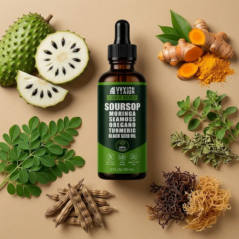 Gotas de guanábana y moringa con sus ingredientes naturales alrededor