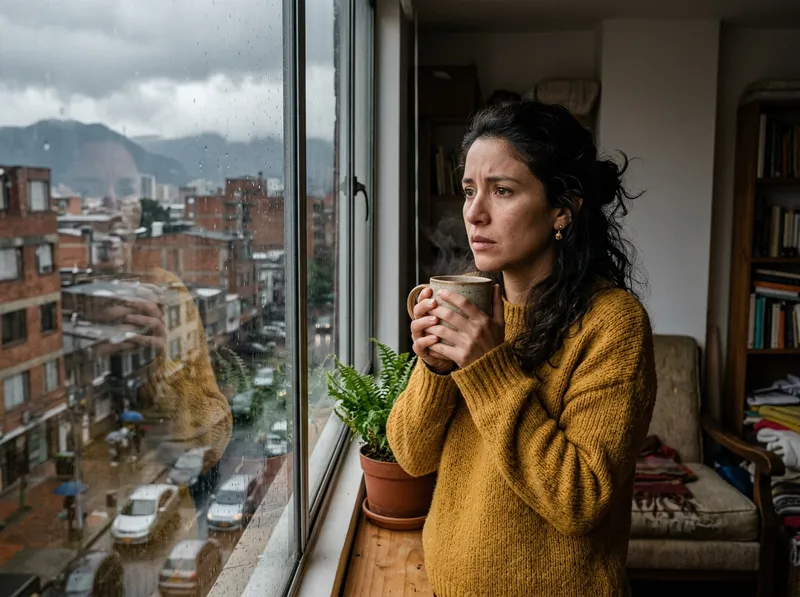 Mujer bogotana mirando por la ventana en un día lluvioso, abrigada con un saco y sosteniendo una taza con preocupación.