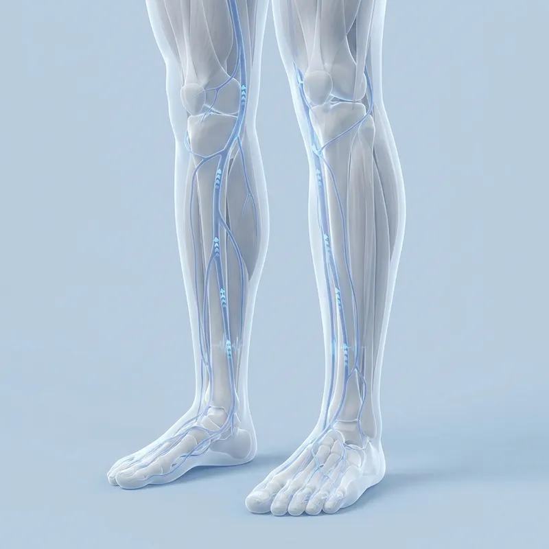 Ilustración médica 3D simplificada de las venas de las piernas mostrando flujo sanguíneo lento.