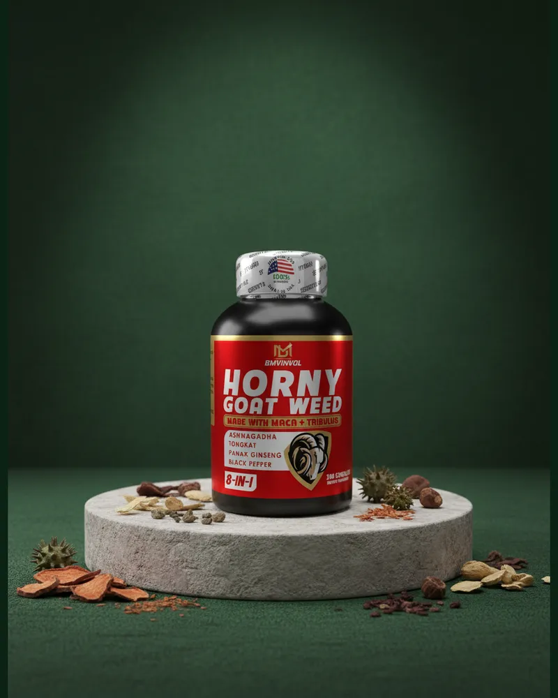 Horny goat weed con maca sobre una piedra en un estudio verde, con sus ingredientes