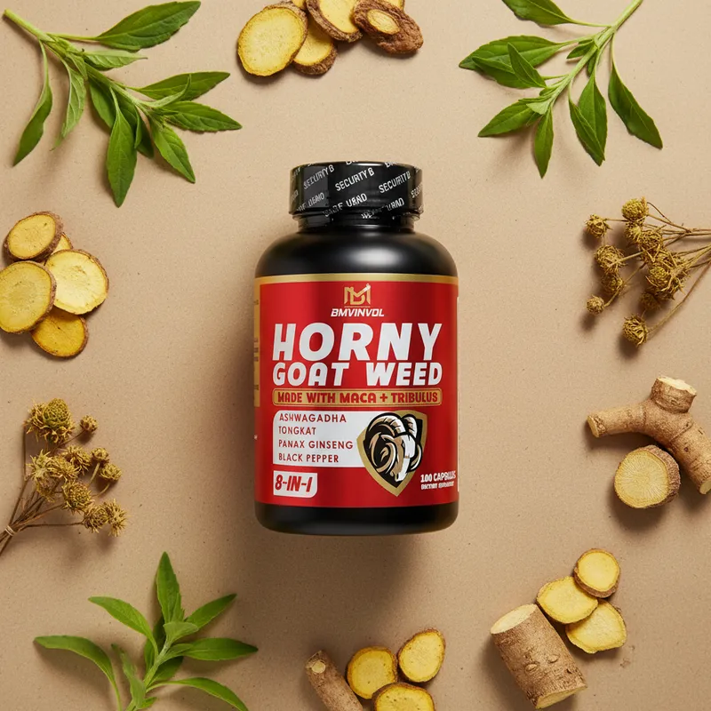 Horny goat weed con maca con sus ingredientes naturales alrededor