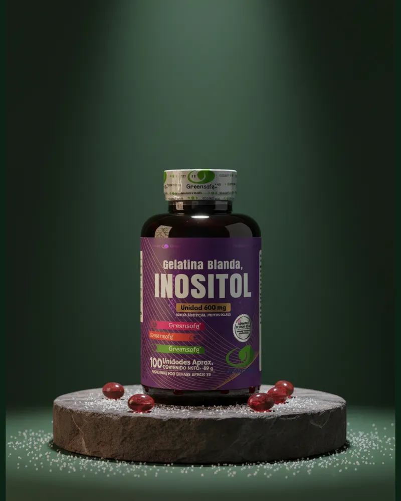 Inositol en cápsulas blandas sobre una piedra en un estudio verde, con sus ingredientes