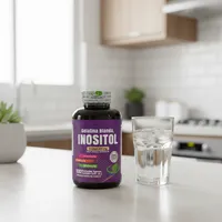 Inositol en cápsulas blandas en la cocina de una casa, junto a un vaso de agua