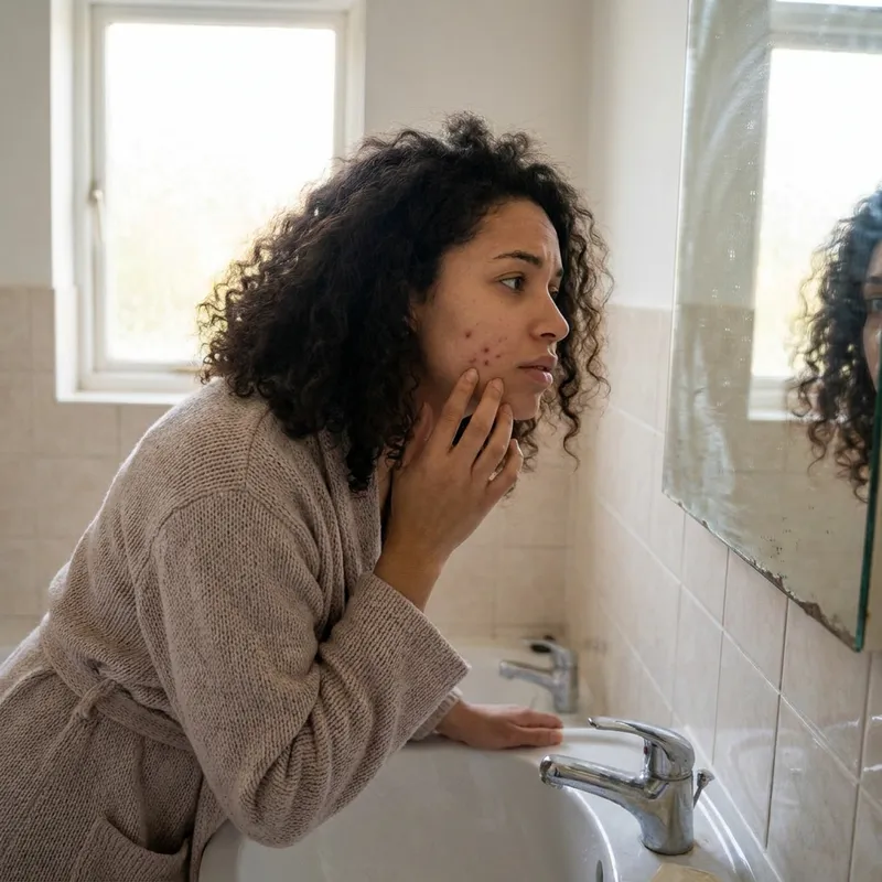 Mujer joven frente al espejo del baño, tocándose la mejilla con preocupación por un brote de acné.