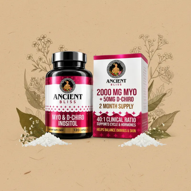 Inositol en cápsulas con sus ingredientes naturales alrededor