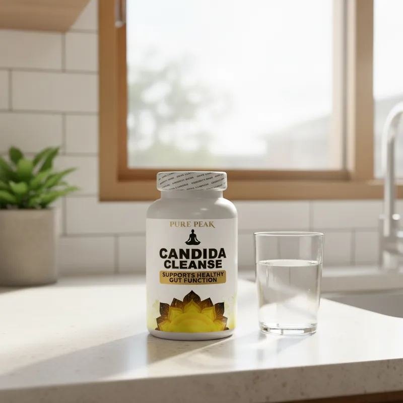 Limpiador de cándida en la cocina de una casa, junto a un vaso de agua