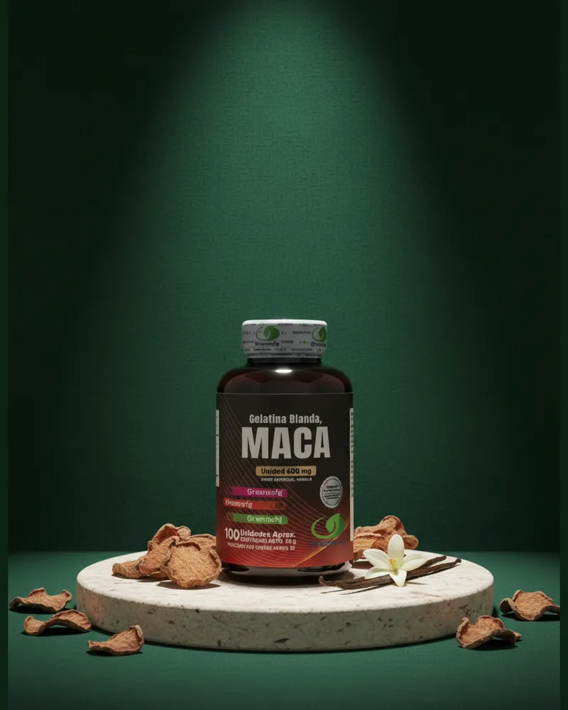 Maca en cápsulas blandas sobre una piedra en un estudio verde, con sus ingredientes
