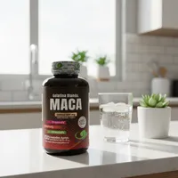 Maca en cápsulas blandas en la cocina de una casa, junto a un vaso de agua