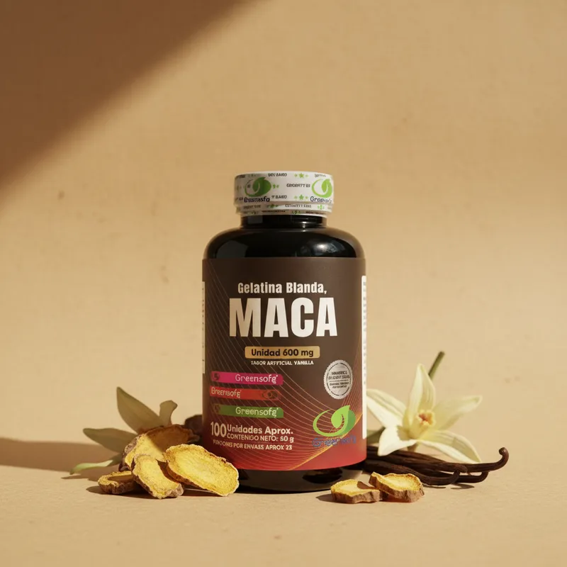 Maca en cápsulas blandas con sus ingredientes naturales alrededor