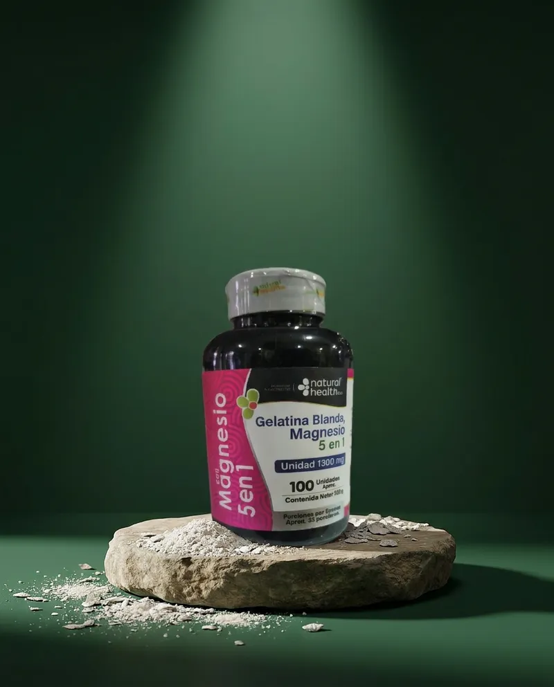 Magnesio 5 en 1 en cápsulas sobre una piedra en un estudio verde, con sus ingredientes