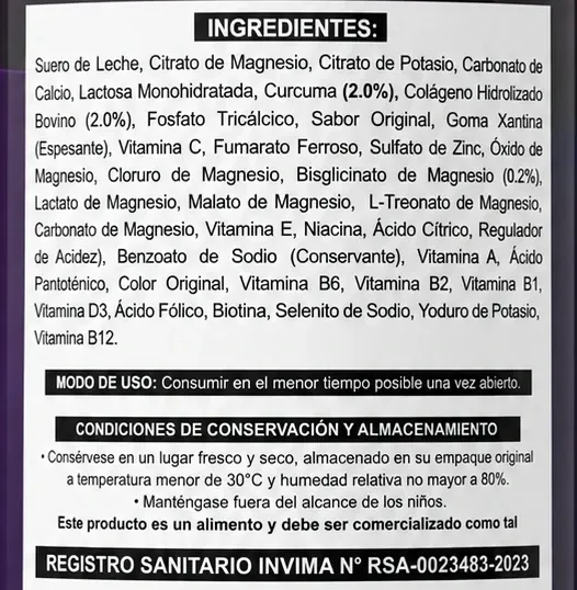 La etiqueta de atrás del frasco de Fitovit: la lista de ingredientes, con el bisglicinato de magnesio, y el registro sanitario INVIMA RSA-0023483-2023