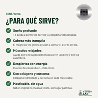 ¿Para qué sirve Magnesio masticable? Sueño profundo; Cabeza más tranquila; Músculos relajados; Despiertas con energía; Con colágeno y cúrcuma; Masticable, sin agua