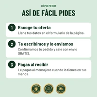 Así de fácil pides: 1. Escoge tu oferta; 2. Te escribimos y lo enviamos; 3. Pagas al recibir