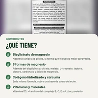 Ingredientes de Magnesio masticable: Bisglicinato de magnesio, 8 formas de magnesio, Colágeno hidrolizado y cúrcuma, Vitaminas y minerales