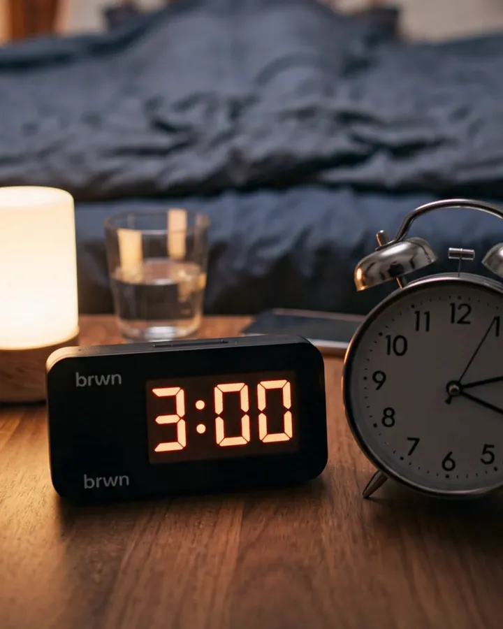 Reloj despertador marcando las 3:00 de la madrugada junto a la cama