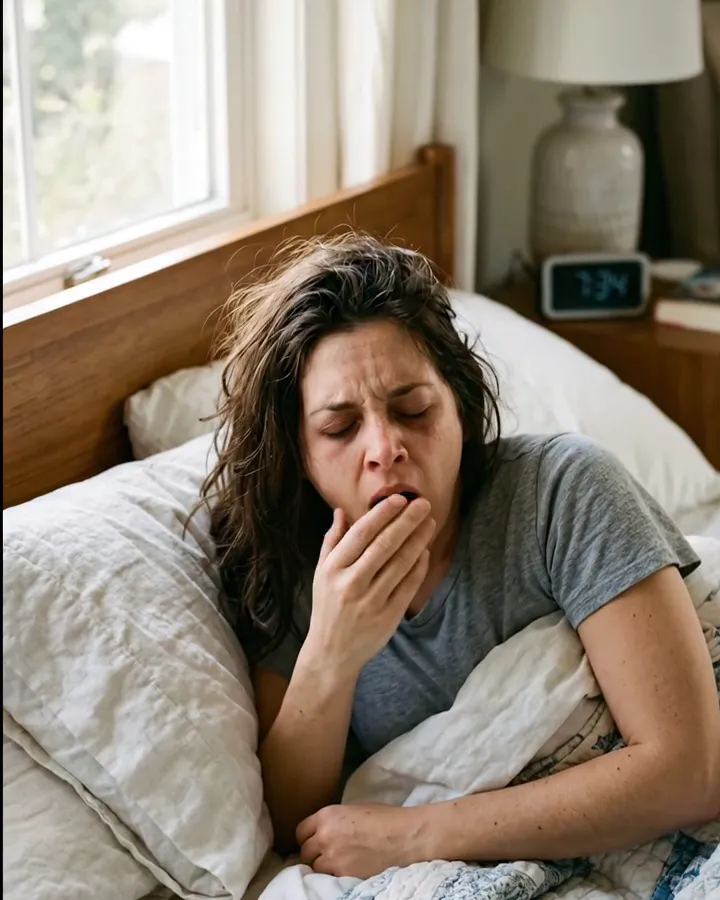 Mujer bostezando en la cama al despertar, cansada