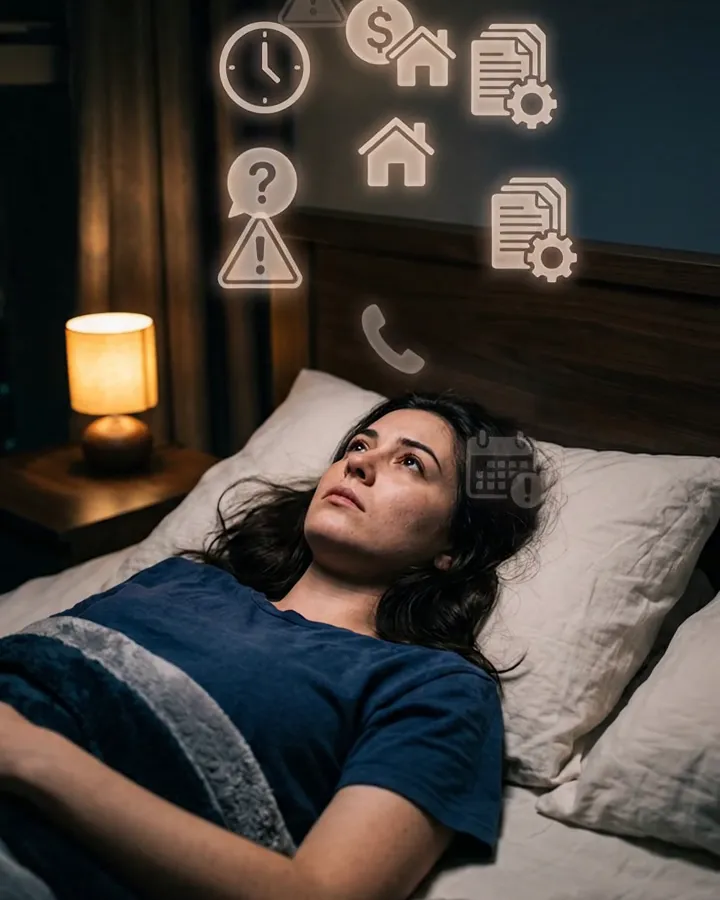 Mujer acostada en la cama con los ojos abiertos y preocupaciones flotando alrededor