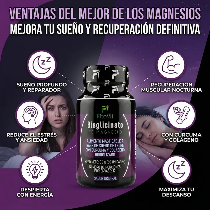 Afiche de la marca con las ventajas del bisglicinato de magnesio Fitovit: sueño profundo y reparador, recuperación muscular nocturna, ayuda con el estrés, con cúrcuma y colágeno, despierta con energía