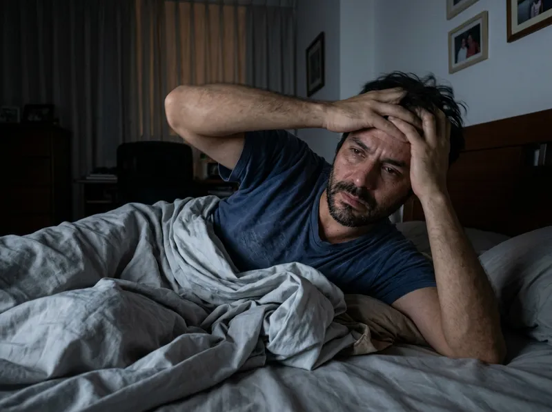 Hombre colombiano de unos 40 años enredado en las cobijas de su cama, frustrado por no poder conciliar el sueño en la madrugada.