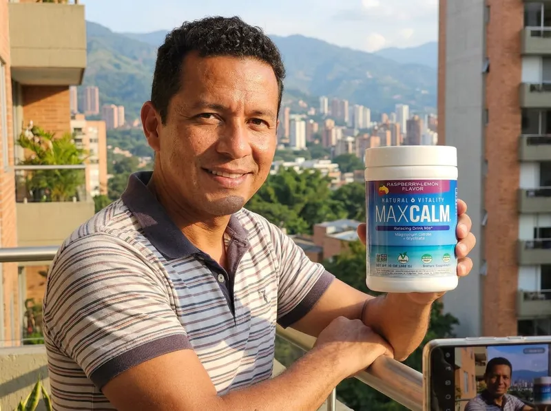 Hombre colombiano de 42 años relajado en el balcón de su casa en Medellín, sosteniendo el tarro de magnesio MaxCalm.
