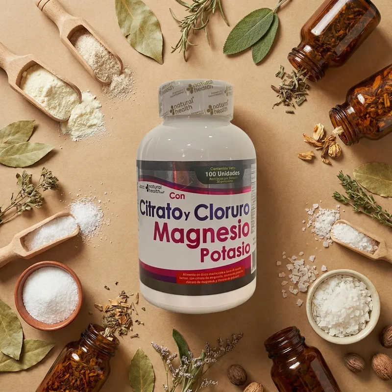 Masticables de magnesio y potasio con sus ingredientes naturales alrededor