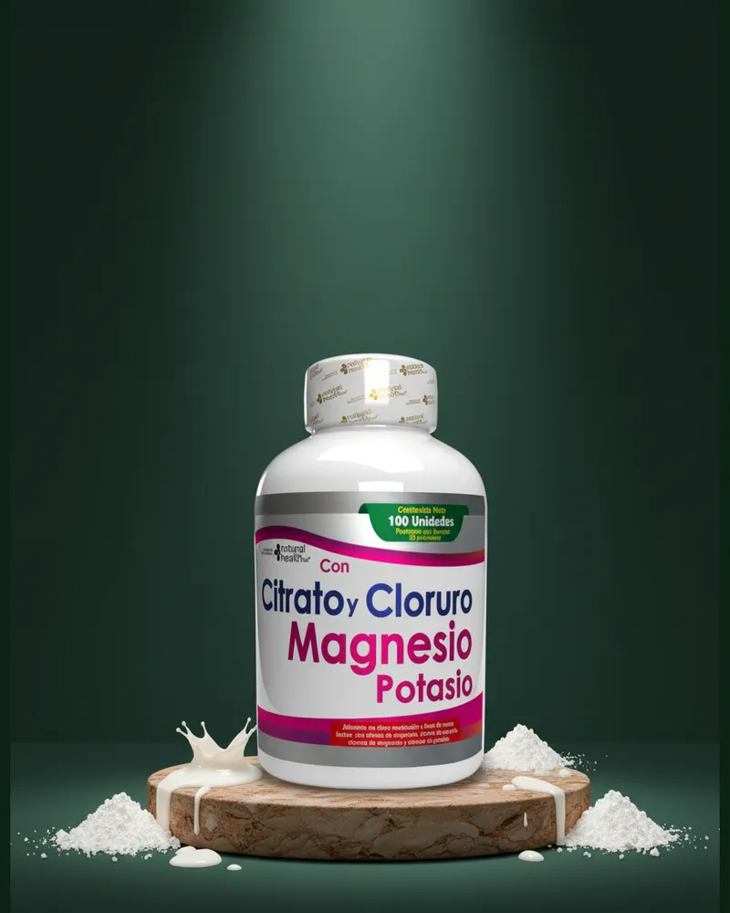 Masticables de magnesio y potasio sobre una piedra en un estudio verde, con sus ingredientes