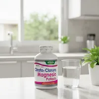 Masticables de magnesio y potasio en la cocina de una casa, junto a un vaso de agua