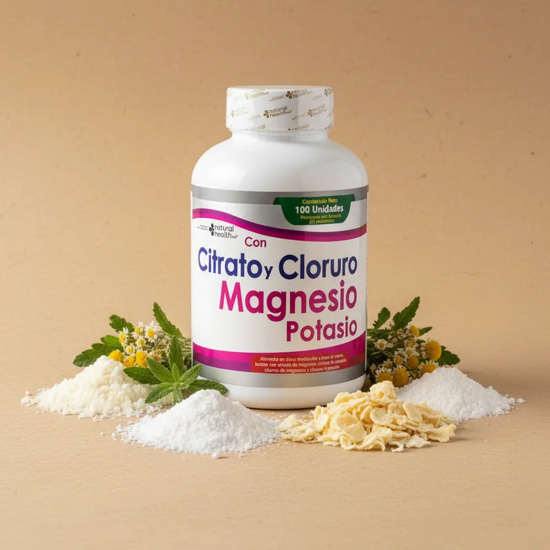 Masticables de magnesio y potasio con sus ingredientes naturales alrededor