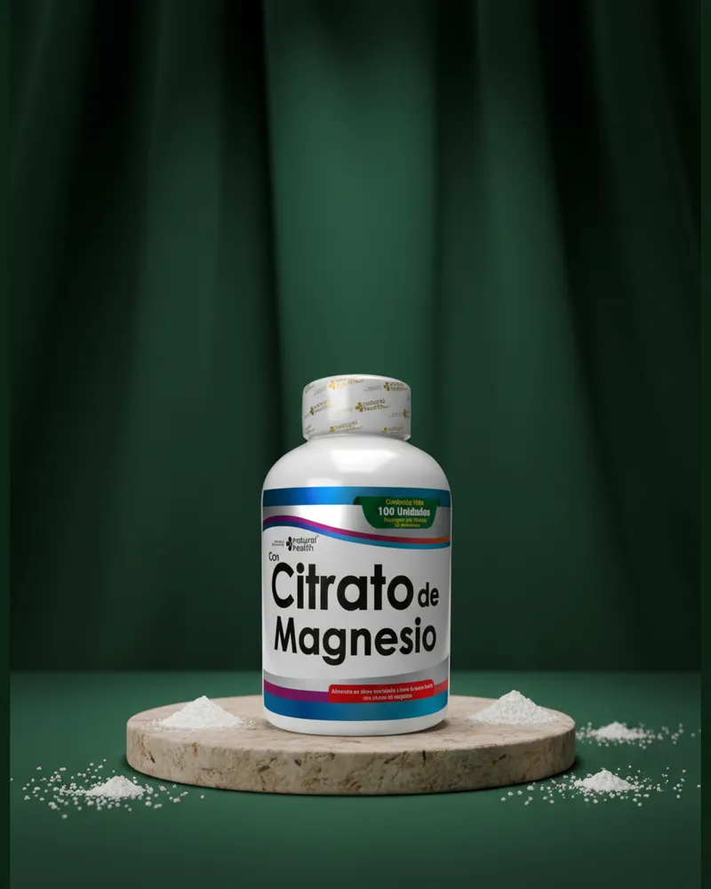 Masticables de magnesio sobre una piedra en un estudio verde, con sus ingredientes