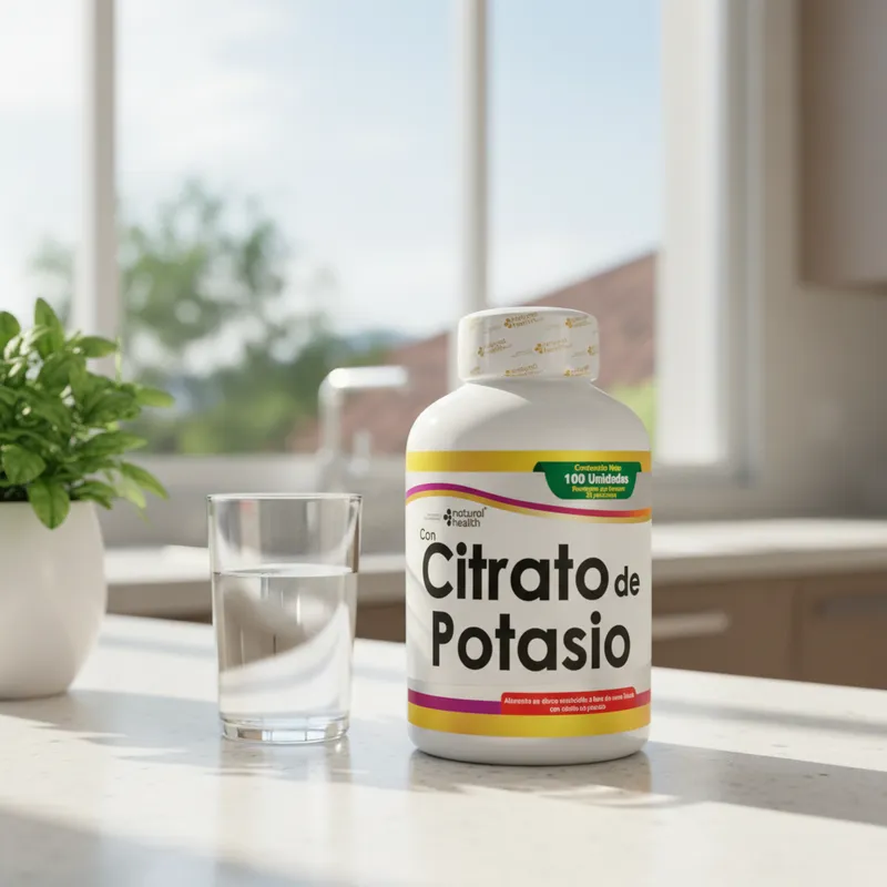 Masticables de potasio en la cocina de una casa, junto a un vaso de agua