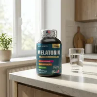 Melatonina de 12 mg en la cocina de una casa, junto a un vaso de agua
