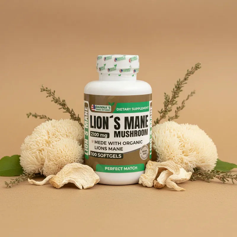 Melena de león en cápsulas con sus ingredientes naturales alrededor