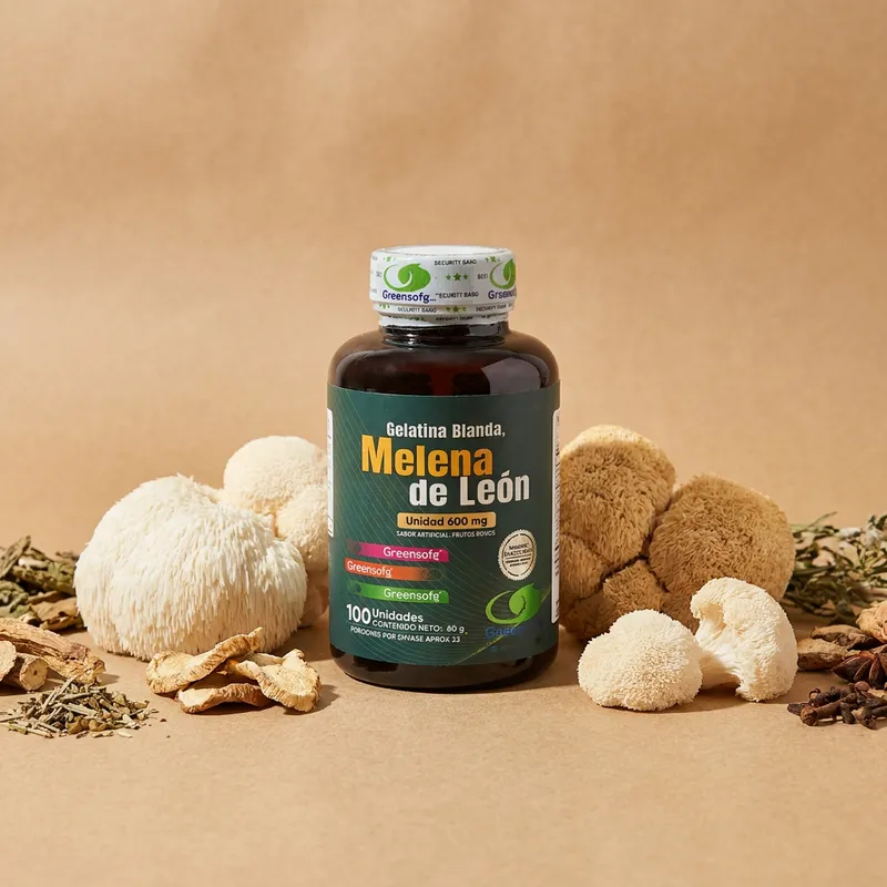 Melena de león en cápsulas con sus ingredientes naturales alrededor