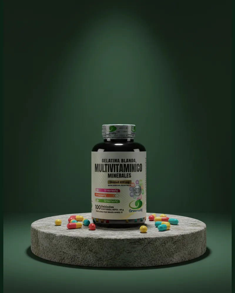 Multivitamínico en cápsulas sobre una piedra en un estudio verde, con sus ingredientes
