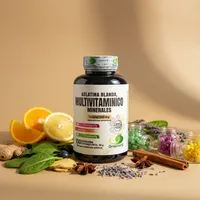 Multivitamínico en cápsulas con sus ingredientes naturales alrededor