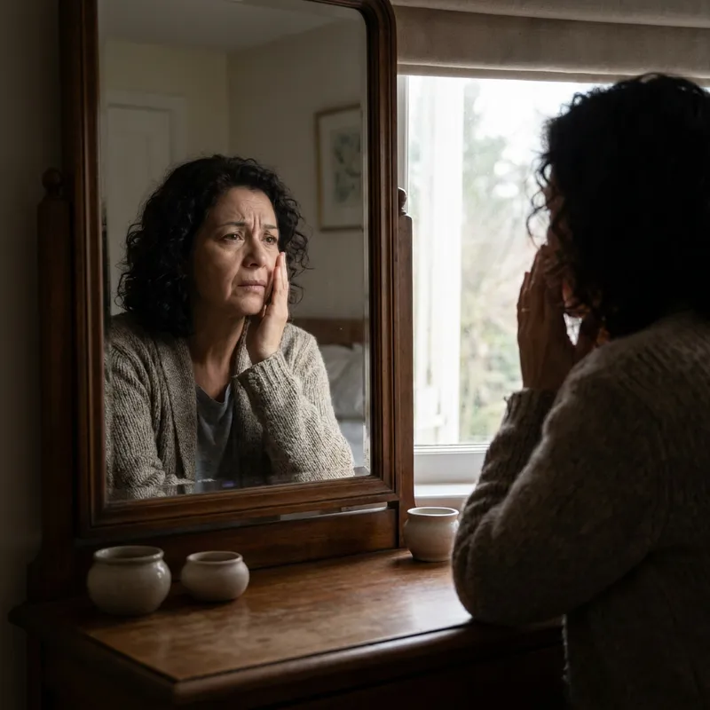 Una mujer de unos 40 años mirándose al espejo con preocupación, tocando su mejilla deshidratada.