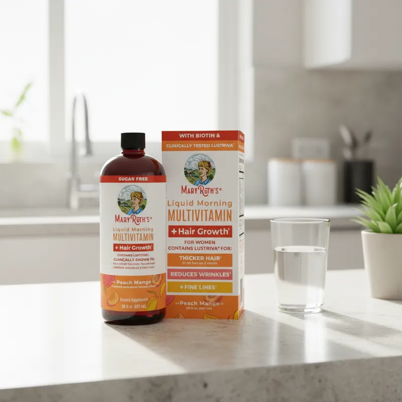 Multivitamínico líquido en la cocina de una casa, junto a un vaso de agua