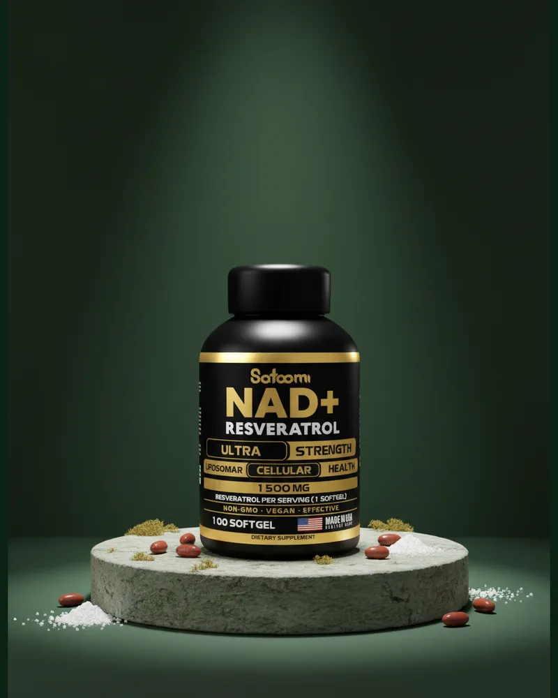 NAD+ con resveratrol sobre una piedra en un estudio verde, con sus ingredientes