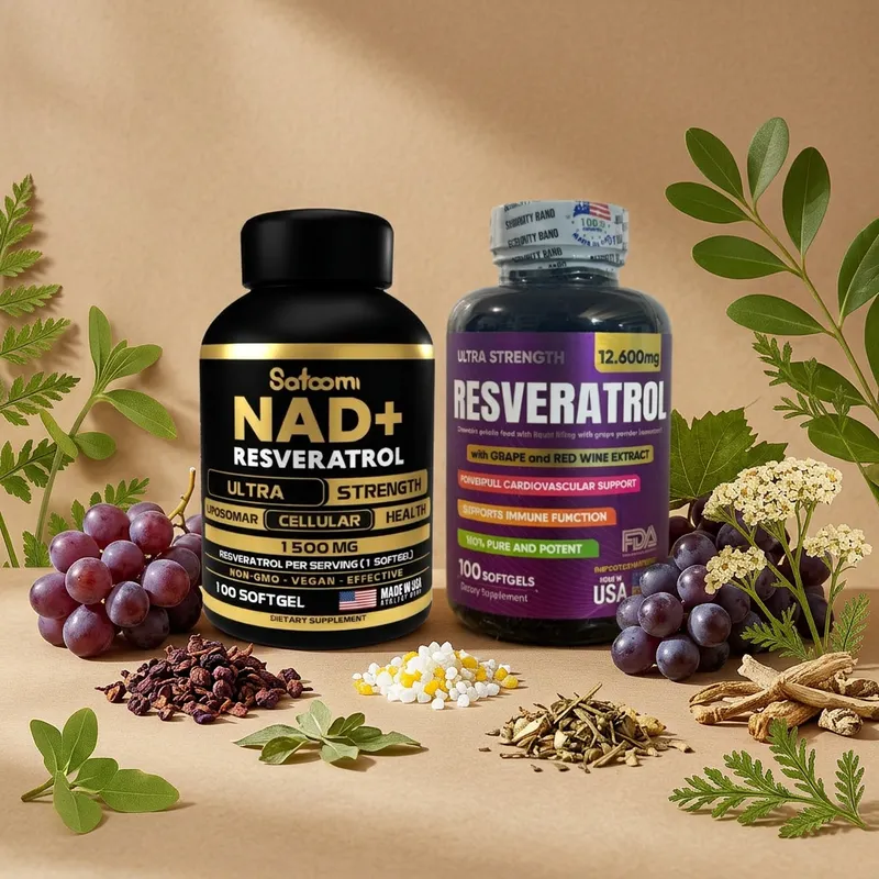NAD y resveratrol liposomal con sus ingredientes naturales alrededor