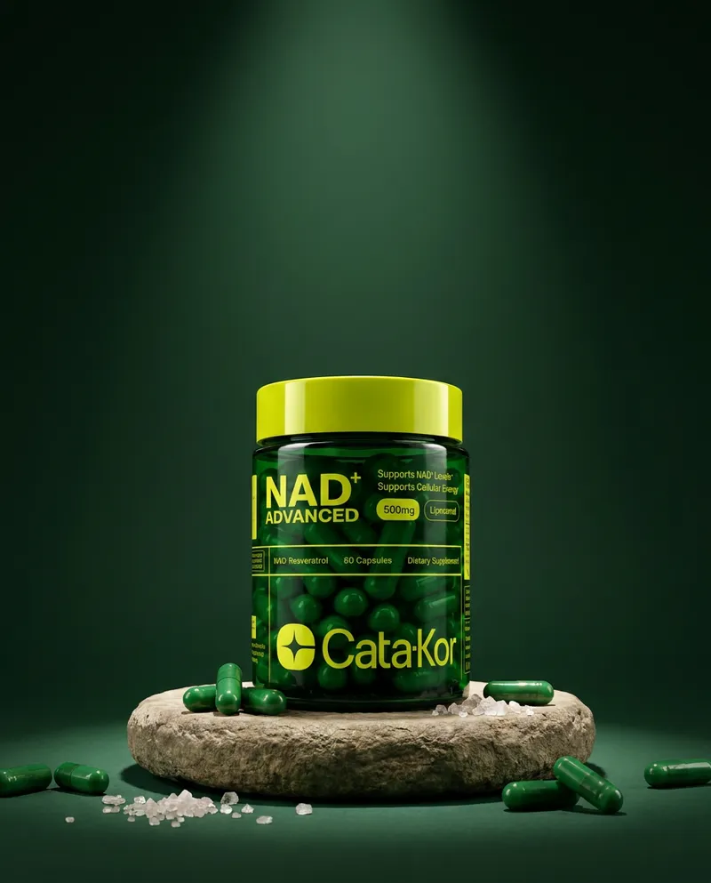 NAD y resveratrol liposomal sobre una piedra en un estudio verde, con sus ingredientes