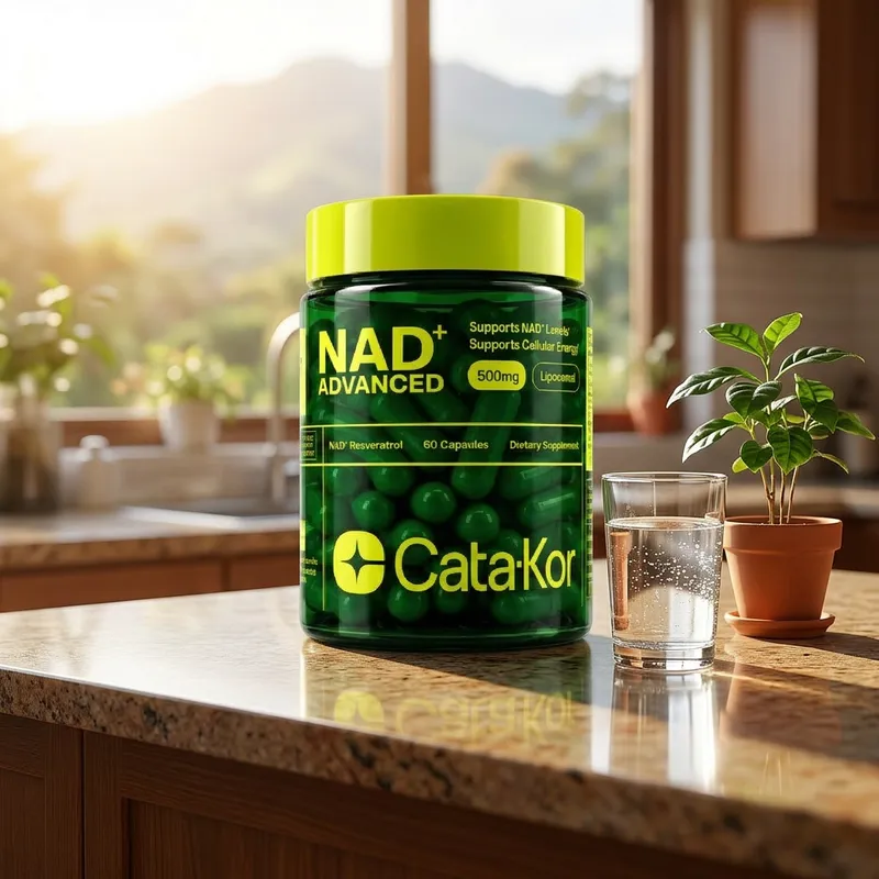 NAD y resveratrol liposomal en la cocina de una casa, junto a un vaso de agua