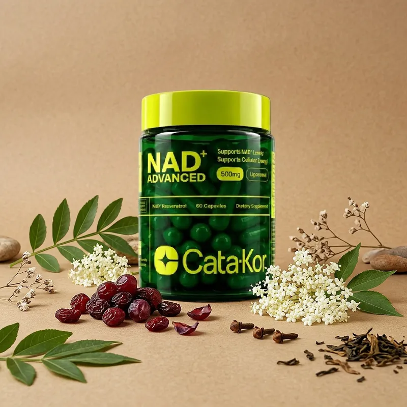 NAD y resveratrol liposomal con sus ingredientes naturales alrededor