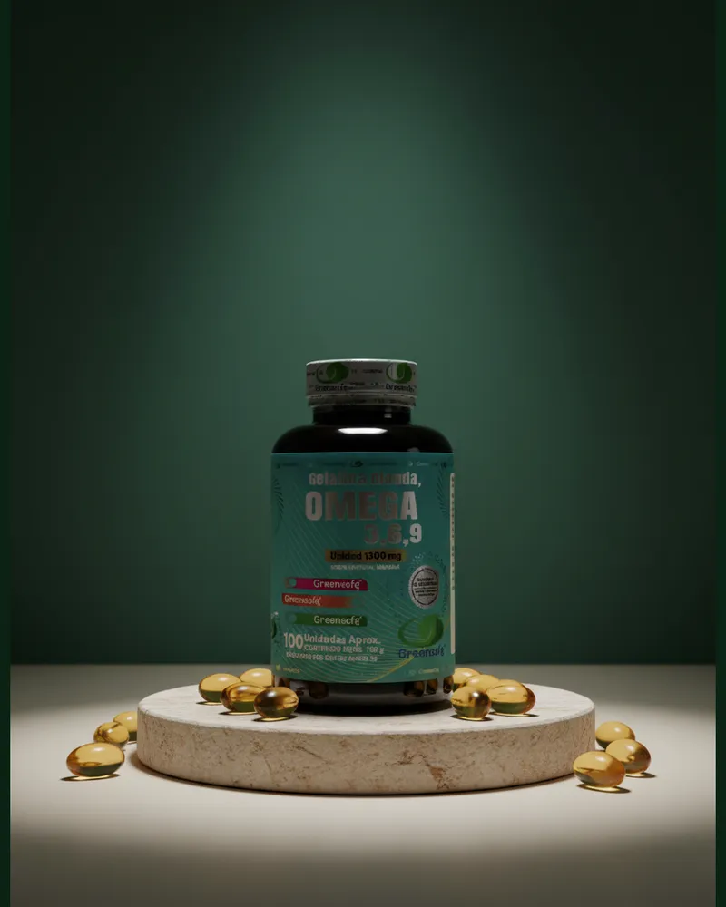 Omega 3, 6 y 9 en cápsulas sobre una piedra en un estudio verde, con sus ingredientes
